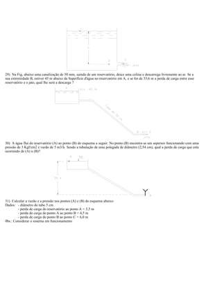 29) Na Fig, abaixo uma canalização de 50 mm, saindo de um reservatório, desce uma colina e descarrega livremente ao ar. Se a
sua extremidade B, estiver 45 m abaixo da Superfície d'água no reservatório em A, e se for de 33,6 m a perda de carga entre esse
reservatório e o jato, qual lhe será a descarga ?
30) A água flui do reservatório (A) ao ponto (B) do esquema a seguir. No ponto (B) encontra-se um aspersor funcionando com uma
pressão de 3 Kgf/cm2 e vazão de 5 m3/h. Sendo a tubulação de uma polegada de diâmetro (2,54 cm), qual a perda de carga que esta
ocorrendo de (A) a (B)?
31) Calcular a vazão e a pressão nos pontos (A) e (B) do esquema abaixo:
Dados: - diâmetro do tubo 5 cm
- perda de carga do reservatório ao ponto A = 3,5 m
- perda de carga do ponto A ao ponto B = 4,5 m
- perda de carga do ponto B ao ponto C = 6,0 m
0bs.: Considerar o sistema em funcionamento
 
