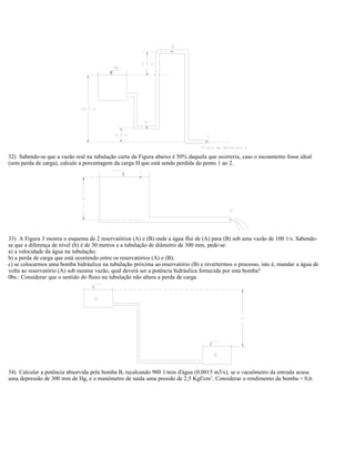 32) Sabendo-se que a vazão real na tubulação curta da Figura abaixo é 50% daquela que ocorreria, caso o escoamento fosse ideal
(sem perda de carga), calcule a porcentagem da carga H que está sendo perdida do ponto 1 ao 2.
33) A Figura 3 mostra o esquema de 2 reservatórios (A) e (B) onde a água flui de (A) para (B) sob uma vazão de 100 1/s. Sabendo-
se que a diferença de nível (h) é de 30 metros e a tubulação de diâmetro de 300 mm, pede-se:
a) a velocidade da água na tubulação;
b) a perda de carga que está ocorrendo entre os reservatórios (A) e (B);
c) se colocarmos uma bomba hidráulica na tubulação próxima ao reservatório (B) e revertermos o processo, isto é, mandar a água de
volta ao reservatório (A) sob mesma vazão, qual deverá ser a potência hidráulica fornecida por esta bomba?
0bs.: Considerar que o sentido do fluxo na tubulação não altera a perda de carga.
34) Calcular a potência absorvida pela bomba B, recalcando 900 1/min d'água (0,0015 m3/s), se o vacuômetro da entrada acusa
uma depressão de 300 mm de Hg, e o manômetro de saída uma pressão de 2,5 Kgf/cm2
. Considerar o rendimento da bomba = 0,6.
 