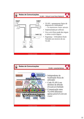 10
• VLAN = agrupamento lógico de
dispositivos e utilizadores
– Por departamento, função, aplicação
• Implementada por software
• Um switch físico pode dar origem
a vários switchs lógicos
• Segurança – Utilizadores ficam
limitados aos recursos da sua
VLAN
Redes de Comunicações
VLAN – Virtual Local Area Network
19
Informática de Gestão ESTiG/IPB
• Independente da
localização física do
utilizador
• Cada VLAN é um
domínio de difusão
(broadcast) fechado
• Comunicação entre
VLANS diferentes
apenas possível com um
router
Redes de Comunicações
VLAN - características
20
Informática de Gestão ESTiG/IPB
 