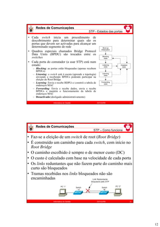 12
Redes de Comunicações
STP - Estados das portas
23
Informática de Gestão ESTiG/IPB
• Cada switch inicia um procedimento de
descobrimento para determinar quais são os
portas que devem ser activadas para alcançar um
determinado segmento de rede
• Quadros especiais chamados Bridge Protocol
Data Units (BPDU) são trocados entre os
switches
• Cada porta do comutador (a usar STP) está num
estado:
– Blocking: as portas estão bloqueadas (apenas recebem
BPDUs)
– Listening: o switch está à escuta (aprende a topologia)
enviando e recebendo BPDUs podendo participar na
eleição do Root Bridge
– Learning: Envia e recebe BDPUs e constrói a tabela de
endereços MAC
– Forwarding: Envia e recebe dados, envia e recebe
BPDUs e mantém o funcionamento da tabela de
endereços MAC
– Desactivado (desligado administrativamente)
Redes de Comunicações
STP – Como funciona
24
Informática de Gestão ESTiG/IPB
• Faz-se a eleição de um switch de root (Root Bridge)
• É construído um caminho para cada switch, com início no
Root Bridge
• O caminho escolhido é sempre o de menor custo (DC)
• O custo é calculado com base na velocidade de cada porta
• Os links reduntantes que não fazem parte do caminho mais
curto são bloqueados
• Tramas recebidas nos links bloqueados não são
encaminhadas
 