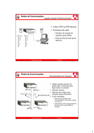 4
• Cabo UTP ou STP directo
• Extremos do cabo
– Interface da estação de
trabalho (porta MDI)
– Porta normal do hub (porta
MDI-X)
Redes de Comunicações
Ligação estação final/Concentrador
7
Informática de Gestão ESTiG/IPB
• Opção quando número de
portas não é suficiente para
ligar todas as estações
• Introduz atrasos
• Máximo de 4 hubs entre
estações finais (Ethernet)
• Como interligar:
– duas portas quaisquer dos
concentradores com cabo cruzado
(crossover)
– cabo directo entre porta normal do
primeiro hub e porta MDI do
segundo
Redes de Comunicações
Concentradores em Cascata
8
Informática de Gestão ESTiG/IPB
 