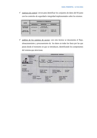 ISAEL PIMENTEL 6-712-2351


 matrices de control: sirven para identificar los conjuntos de datos del SI junto
   con los controles de seguridad o integridad implementados sobre los mismos.




 análisis de los caminos de acceso: con esta técnica se documenta el flujo,
   almacenamiento y procesamiento de los datos en todas las fases por las que
   pasan desde el momento en que se introducen, identificando los componentes
   del sistema que atraviesan.
 