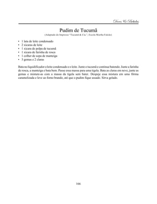 Doces & Bebidas

                                   Pudim de Tucumã
                      (Adaptado do Impresso “Tucumã & Cia.”, Escola Martha Falcão)

•   1 lata de leite condensado
•   2 xícaras de leite
•   1 xícara de polpa de tucumã
•   1 xícara de farinha de rosca
•   1 colher de sopa de manteiga
•   3 gemas e 2 claras

Bata no liquidificador o leite condensado e o leite. Junte o tucumã e continue batendo. Junte a farinha
de rosca, a manteiga e bata bem. Passe essa massa para uma tigela. Bata as claras em neve, junte as
gemas e misture-as com a massa da tigela sem bater. Despeje essa mistura em uma fôrma
caramelizada e leve ao forno brando, até que o pudim fique assado. Sirva gelado.




                                                  166
 