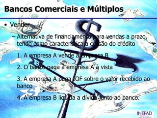 Bancos Comerciais e Múltiplos
• Vendor
  – Alternativa de financiamento para vendas a prazo,
    tendo como característica a cessão do crédito
   1. A empresa A vende à empresa B
   2. O banco paga à empresa A à vista
   3. A empresa A paga IOF sobre o valor recebido ao
   banco
   4. A empresa B liquida a dívida junto ao banco.
 