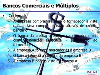 Bancos Comerciais e Múltiplos
•   Compror
    – A empresa compradora paga o fornecedor à vista
       e financia a compra a prazo através de crédito
       bancário
    – O banco dá crédito à empresa compradora mas
       com destinação específica - pagamento ao
       fornecedor
    3. A empresa A fornece mercadorias à empresa B
    4. O banco financia a compra da empresa B
    5. A empresa B paga a vista à empresa A
 