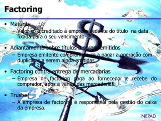 Factoring
• Maturity
   – Valor só é creditado à empresa cedente do título na data
     fixada para o seu vencimento

• Adiantamento sobre títulos a serem emitidos
   – Empresa emitente compromete-se a pagar a operação com
     duplicatas a serem ainda emitidas

• Factoring contra entrega de mercadorias
   – Empresa de factoring paga ao fornecedor e recebe do
     comprador, após a venda das mercadorias.

• Trustee
   – A empresa de factoring é responsável pela gestão do caixa
     da empresa.
 
