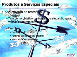 Produtos e Serviços Especiais
• Securitização de recebíveis

  – Tem como objetivo contratos que ainda vão gerar
    vendas e faturamentos futuros

  – Exemplos:
     • Contratos de locação
     • Faturas de cartão de crédito
     • Mensalidades escolares
 