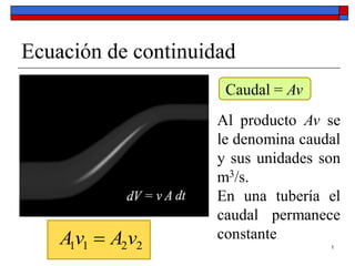 Ecuación de continuidad
1
2
2
1
1 v
A
v
A
Caudal = Av
Al producto Av se
le denomina caudal
y sus unidades son
m3/s.
En una tubería el
caudal permanece
constante
 