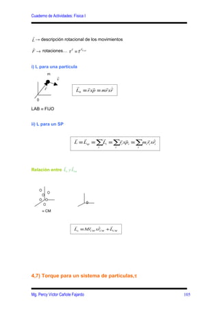 Cuaderno de Actividades: Física I



r
L → descripción rotacional de los movimientos
r                 r
                      rr
F → rotaciones… τ F ≡ τ FR ,ext


i) L para una partícula
            m
                r
                v
        r                  r    r r     r r
        r                                  
                           L0 ≡ r xp ≡ mr xr

   0

LAB ≡ FIJO


ii) L para un SP


                          r r        r     r r          r r
                          L ≡ Lsp ≡ ∑Li ≡ ∑ri xpi ≡ ∑mi ri xri
                                                            
                                        i      i      i




               r r
Relación entre Lo y Lcm




                                    0

       ≡ CM



                          r     r    r     r
                                     
                          Lo ≡ MrCM xrCM + LCM




4,7) Torque para un sistema de partículas,τ


Mg. Percy Víctor Cañote Fajardo                                  105
 