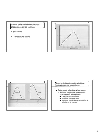 Control de la actividad enzimática:
propiedades de las enzimas

  pH: óptimo

  Temperatura: óptima




                                      Control de la actividad enzimática:
                                      propiedades de las enzimas

                                        Cofactores, vitaminas y hormonas:
                                          Enzimas conjugadas: apoenzima y
                                          cofactor forma la holoenzima.
                                             Cofactores: grupo prostético
                                             Vitaminas: solubles en agua
                                             Hormonas: pueden afectar la cantidad o la
                                             actividad de las enzimas.
 