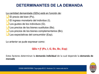 DETERMINANTES DE LA DEMANDA
La cantidad demandada (QDx) está en función de:
❑El precio del bien (Px).
❑El ingreso monetario del individuo (I).
❑Los gustos de los individuos (G).
❑Los precios de los bienes sustitutos (Bs).
❑Los precios de los bienes complementarios (Bc).
❑Las expectativas del consumidor (Exp).
Lo anterior se pude expresar como:
QDx = Ƒ (Px, I, G, Bs, Bc, Exp)
Estos factores determinan la demanda individual de la cual depende la demanda de
mercado
 