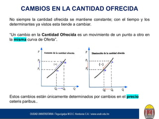 CAMBIOS EN LA CANTIDAD OFRECIDA
No siempre la cantidad ofrecida se mantiene constante; con el tiempo y los
determinantes ya vistos esta tiende a cambiar.
“Un cambio en la Cantidad Ofrecida es un movimiento de un punto a otro en
la misma curva de Oferta”.
Estos cambios están únicamente determinados por cambios en el precio
ceteris paribus..
 