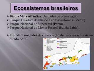 Bioma Mata Atlântica: Unidades de preservação
 Parque Estadual da Ilha do Cardoso (litoral sul de SP)
Parque Nacional de Superagüi (Paraná)
Parque Nacional do Monte Pascoal (Sul da Bahia)
E existem unidades de conservação de reservas naturais no
estado de SP.
 