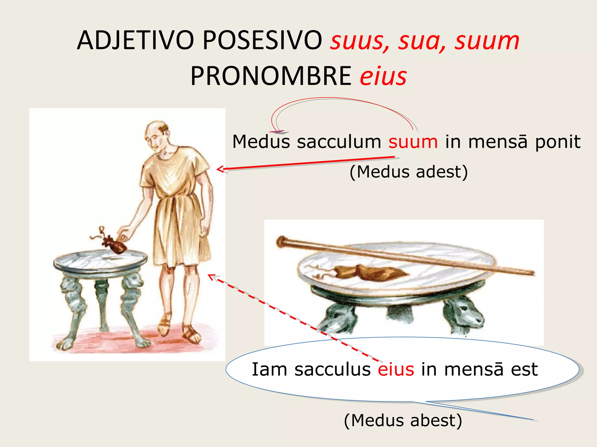 ADJETIVO POSESIVO suus, sua, suum
PRONOMBRE eius
Davus sacculum suum in mensā ponit
Iam sacculus eius in mensā est
(Davus adest)
(Davus abest)