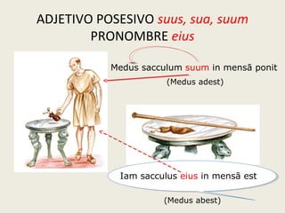 ADJETIVO POSESIVO suus, sua, suum
PRONOMBRE eius
Davus sacculum suum in mensā ponit
Iam sacculus eius in mensā est
(Davus adest)
(Davus abest)
 