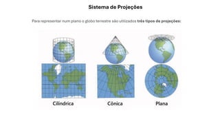 Sistema de Projeções
Para representar num plano o globo terrestre são utilizados três tipos de projeções:
 