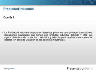 Propiedad Industrial  La Propiedad Industrial abarca los derechos provistos para proteger invenciones (creaciones novedosas que tienen una finalidad industrial definida y útil), los signos distintivos de productos o servicios y además para reprimir la competencia desleal (en caso de violación de los secretos industriales) Johnny Gamba Que Es? 