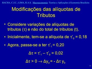 Modificações das alíquotas de Tributos Considere variações de alíquotas de tributos (  ) e não do total de tributos (t). Inicialmente, tem-se a alíquota de   ’ 0  = 0,18 Agora, passa-se a ter   ’ 1  = 0,20 Δ   =   ’ 1  –   ’ 0  = 0,02 Δ   > 0     Δ y d  = -  Δ   y 0  