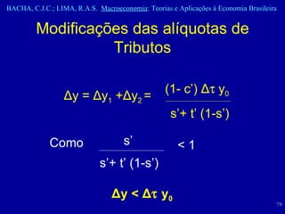 Modificações das alíquotas de Tributos Como  Δ y =  Δ y 1  + Δ y 2  =  s’+ t’ (1-s’)  (1- c’)  Δ   y 0 < 1 s’+ t’ (1-s’)  s’ Δ y <  Δ   y 0 