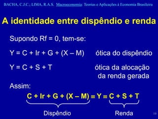 BACHA, C.J.C.; LIMA, R.A.S. Macroeconomia: Teorias e Aplicações à Economia Brasileira



A identidade entre dispêndio e renda
   Supondo Rf = 0, tem-se:

   Y = C + Ir + G + (X – M)                         ótica do dispêndio

   Y=C+S+T                                          ótica da alocação
                                                     da renda gerada
   Assim:
        C + Ir + G + (X – M)  Y  C + S + T

                      Dispêndio                                Renda                    10
 