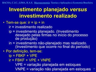 BACHA, C.J.C.; LIMA, R.A.S. Macroeconomia: Teorias e Aplicações à Economia Brasileira


      Investimento planejado versus
          investimento realizado
• Tem-se que: ir = ip + in
   ir = investimento realizado
   ip = investimento planejado. (Investimento
        desejado pelas firmas no início do processo
        de produção)
   in = investimento não-planejado mas realizado.
        (Investimento que ocorre no final do período)
• Por definição, tem-se:
   ip = FBKF + VPE
   ir = FBKF + VPE + VNPE
        VPE = variação planejada em estoques
        VNPE = variação não planejada em estoques                                       14
 