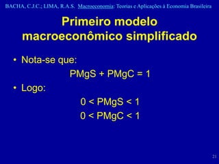 BACHA, C.J.C.; LIMA, R.A.S. Macroeconomia: Teorias e Aplicações à Economia Brasileira


           Primeiro modelo
      macroeconômico simplificado
   • Nota-se que:
               PMgS + PMgC = 1
   • Logo:
                  0 < PMgS < 1
                  0 < PMgC < 1


                                                                                        21
 