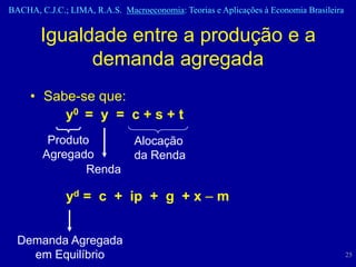 BACHA, C.J.C.; LIMA, R.A.S. Macroeconomia: Teorias e Aplicações à Economia Brasileira


        Igualdade entre a produção e a
              demanda agregada
     • Sabe-se que:
          y0 = y = c + s + t
         Produto               Alocação
        Agregado               da Renda
                Renda

              yd = c + ip + g + x – m


  Demanda Agregada
    em Equilíbrio                                                                       25
 