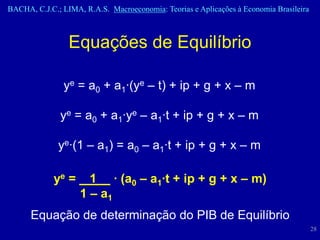 BACHA, C.J.C.; LIMA, R.A.S. Macroeconomia: Teorias e Aplicações à Economia Brasileira



                 Equações de Equilíbrio

               ye = a0 + a1·(ye – t) + ip + g + x – m

              ye = a0 + a1·ye – a1·t + ip + g + x – m

              ye·(1 – a1) = a0 – a1·t + ip + g + x – m

            ye =      1 · (a0 – a1·t + ip + g + x – m)
                    1 – a1
      Equação de determinação do PIB de Equilíbrio
                                                                                        28
 