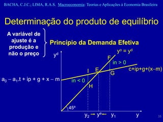 BACHA, C.J.C.; LIMA, R.A.S. Macroeconomia: Teorias e Aplicações à Economia Brasileira



 Determinação do produto de equilíbrio
  A variável de
    ajuste é a            Princípio da Demanda Efetiva
   produção e
  não o preço                                                      yo = yd
                            yd
                                                          F
                                                              in > 0
                                               I    E                   c+ip+g+(xm)
                                                           G
a0  a1.t + ip + g + x  m            in < 0
                                                H


                                    45º
                                             y2     ye        y1             y           33
 