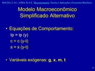BACHA, C.J.C.; LIMA, R.A.S. Macroeconomia: Teorias e Aplicações à Economia Brasileira


              Modelo Macroeconômico
              Simplificado Alternativo

   • Equações de Comportamento:
       Ip = ip (y)
       c = c (y-t)
       s = s (y-t)


   • Variáveis exógenas: g, x, m, t
                                                                                        40
 