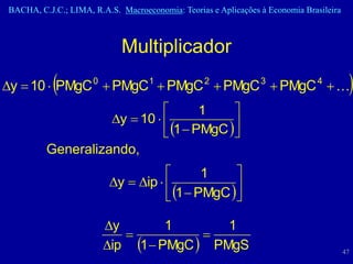 BACHA, C.J.C.; LIMA, R.A.S. Macroeconomia: Teorias e Aplicações à Economia Brasileira



                            Multiplicador
           
y  10  PMgC  PMgC  PMgC  PMgC  PMgC  
                     0             1              2             3              4
                                                                                         
                                    1    
                   y  10              
                              1  PMgC 
         Generalizando,
                                           1    
                         y  ip  
                                     1  PMgC 
                                                 

                         y        1       1
                                       
                         ip 1  PMgC  PMgS                                           47
 