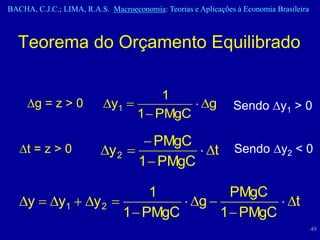 BACHA, C.J.C.; LIMA, R.A.S. Macroeconomia: Teorias e Aplicações à Economia Brasileira



  Teorema do Orçamento Equilibrado

                                     1
     g = z > 0           y1            g                  Sendo y1 > 0
                                1  PMgC

                                   PMgC
   t = z > 0             y 2            t                 Sendo y2 < 0
                                 1  PMgC

                          1            PMgC
   y  y1  y 2            g            t
                     1  PMgC        1  PMgC
                                                                                        49
 
