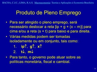 BACHA, C.J.C.; LIMA, R.A.S. Macroeconomia: Teorias e Aplicações à Economia Brasileira



            Produto de Pleno Emprego
   • Para ser atingido o pleno emprego, será
     necessário deslocar a reta [ip + g + (x – m)] para
     cima e/ou a reta (s + t) para baixo e para direita.
   • Várias medidas podem ser tomadas
     isoladamente ou em conjunto, tais como:
       1. ip, g, x
       2. t, m
   • Para tanto, o governo pode atuar sobre as
     políticas monetária, fiscal e cambial.
                                                                                        54
 