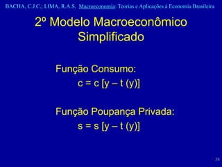 BACHA, C.J.C.; LIMA, R.A.S. Macroeconomia: Teorias e Aplicações à Economia Brasileira


           2º Modelo Macroeconômico
                  Simplificado

                    Função Consumo:
                        c = c [y – t (y)]

                    Função Poupança Privada:
                        s = s [y – t (y)]


                                                                                        58
 