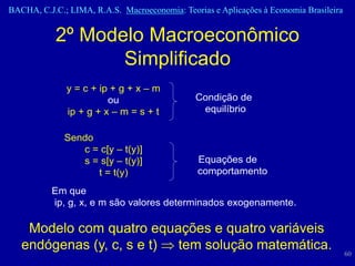 BACHA, C.J.C.; LIMA, R.A.S. Macroeconomia: Teorias e Aplicações à Economia Brasileira


           2º Modelo Macroeconômico
                  Simplificado
              y = c + ip + g + x – m
                        ou                     Condição de
              ip + g + x – m = s + t            equilíbrio

              Sendo
                 c = c[y – t(y)]
                 s = s[y – t(y)]                Equações de
                    t = t(y)                    comportamento

          Em que
          ip, g, x, e m são valores determinados exogenamente.

    Modelo com quatro equações e quatro variáveis
   endógenas (y, c, s e t)  tem solução matemática.                                    60
 
