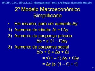 BACHA, C.J.C.; LIMA, R.A.S. Macroeconomia: Teorias e Aplicações à Economia Brasileira


           2º Modelo Macroeconômico
                  Simplificado
     • Em resumo, para um aumento Δy:
     1) Aumento do tributo: Δt = t’Δy
     2) Aumento da poupança privada:
                  Δs = s’ (1 – t’)Δy
     3) Aumento da poupanca social
                  Δ(s + t) = Δs + Δt
                      = s’(1 – t’) Δy + t’Δy
                      = Δy [s’ (1 – t’) + t’]
                                                                                        64
 