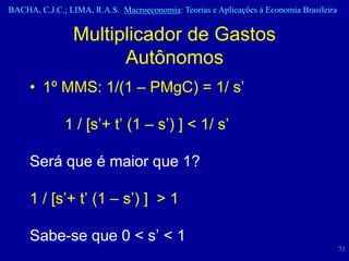 BACHA, C.J.C.; LIMA, R.A.S. Macroeconomia: Teorias e Aplicações à Economia Brasileira


                Multiplicador de Gastos
                      Autônomos
     • 1º MMS: 1/(1 – PMgC) = 1/ s’

              1 / [s’+ t’ (1 – s’) ] < 1/ s’

     Será que é maior que 1?

     1 / [s’+ t’ (1 – s’) ] > 1

     Sabe-se que 0 < s’ < 1
                                                                                        71
 