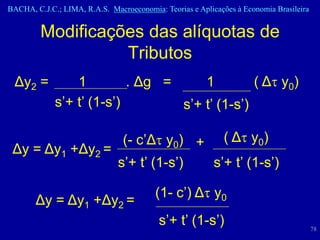 BACHA, C.J.C.; LIMA, R.A.S. Macroeconomia: Teorias e Aplicações à Economia Brasileira


         Modificações das alíquotas de
                   Tributos
 Δy2 =           1         . Δg =     1         ( Δt y0)
             s’+ t’ (1-s’)        s’+ t’ (1-s’)

                  (- c’Δt y0) + ( Δt y0)
 Δy = Δy1 +Δy2 =
                 s’+ t’ (1-s’) s’+ t’ (1-s’)

                                         (1- c’) Δt y0
       Δy = Δy1 +Δy2 =
                                          s’+ t’ (1-s’)                                 78
 