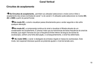 19
Canal Vertical
➔Os Circuitos de acoplamento, permitem ao utilizador seleccionar o modo como é feito o
acoplamento dos sinais à entrada do canal 1 e do canal 2. O utilizador pode seleccionar os modos DC,
AC e GND a partir do painel frontal.
➔No modo DC, o sinal a visualizar passa directamente para o andar seguinte e não sofre
qualquer alteração
➔No modo AC, a componente continua do sinal a visualizar é filtrada através de um
condensador de acoplamento. È preciso notar que as harmónicas de baixa frequência do sinal de
entrada, que sejam menores do que a frequência limite inferior da largura de banda do
osciloscópio, sofrem uma forte atenuação, e consequentemente, o sinal fica deformado.
➔ No modo GND, o canal é desligado da entrada e ligado à massa do osciloscópio. Este
modo, tem especial interesse quando se pretende ajustar o nível de tensão zero.
Circuitos de acoplamento
 