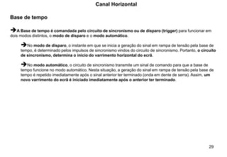 29
Canal Horizontal
Base de tempo
➔A Base de tempo é comandada pelo circuito de sincronismo ou de disparo (trigger) para funcionar em
dois modos distintos, o modo de disparo e o modo automático.
➔No modo de disparo, o instante em que se inicia a geração do sinal em rampa de tensão pela base de
tempo, é determinado pelos impulsos de sincronismo vindos do circuito de sincronismo. Portanto, o circuito
de sincronismo, determina o inicio do varrimento horizontal do ecrã.
➔No modo automático, o circuito de sincronismo transmite um sinal de comando para que a base de
tempo funcione no modo automático. Nesta situação, a geração do sinal em rampa de tensão pela base de
tempo é repetido imediatamente após o sinal anterior ter terminado (onda em dente de serra). Assim, um
novo varrimento do ecrã é iniciado imediatamente após o anterior ter terminado.
 