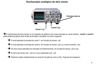 4
Osciloscópio analógico de dois canais
Canal 1 (x)
Canal 2 (y)
➔O osciloscópio de dois canais, é um traçador de gráficos com duas entradas no canal vertical , canal1 e canal 2,
onde podemos aplicar dois sinais de tensão e visualizar no ecrã o seguinte:
➔ O sinal aplicado à entrada do canal 1, em função do tempo, x(t)
➔ O sinal aplicado à entrada do canal 2, em função do tempo, y(t), ou o sinal invertido, -y(t)
➔ Os dois sinais aplicados às entradas simultaneamente, em função do tempo, x(t) e y(t)
➔A soma dos sinais x(t) + y(t) ou a sua subtracção x(t) - y(t)
➔ Podemos obter simplesmente um sinal em função do outro y=f(x) (Figuras de Lissajous)
Entrada externa
 