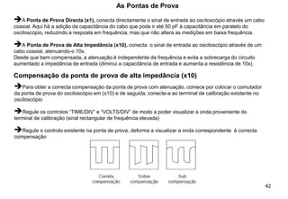 42
As Pontas de Prova
➔A Ponta de Prova Directa (x1), conecta directamente o sinal de entrada ao osciloscópio através um cabo
coaxial. Aqui há a adição da capacitância do cabo que pode ir até 50 pF à capacitância em paralelo do
osciloscópio, reduzindo a resposta em frequência, mas que não altera as medições em baixa frequência.
➔A Ponta de Prova de Alta Impedância (x10), conecta o sinal de entrada ao osciloscópio através de um
cabo coaxial, atenuando-o 10x.
Desde que bem compensada, a atenuação é independente da frequência e evita a sobrecarga do circuito
aumentado a impedância de entrada (diminui a capacitância de entrada e aumenta a resistência de 10x).
Compensação da ponta de prova de alta impedância (x10)
➔Para obter a correcta compensação da ponta de prova com atenuação, comece por colocar o comutador
da ponta de prova do osciloscópio em (x10) e de seguida, conecte-a ao terminal de calibração existente no
osciloscópio
➔Regule os controlos “TIME/DIV” e “VOLTS/DIV” de modo a poder visualizar a onda proveniente do
terminal de calibração (sinal rectangular de frequência elevada)
➔Regule o controlo existente na ponta de prova, deforma a visualizar a onda correspondente à correcta
compensação
 