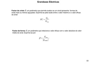 53
Grandezas Eléctricas
rms
P
G
G
FC =
Factor de crista: É um parâmetro que permite avaliar se um sinal apresenta formas de
onda mais ou menos aguçadas. Exprime-se pela razão entre o valor máximo e o valor eficaz
do sinal:
médio
g
Grms
=

Factor de forma: É um parâmetro que relaciona o valor eficaz com o valor absoluto do valor
médio do sinal. Exprime-se por:
 