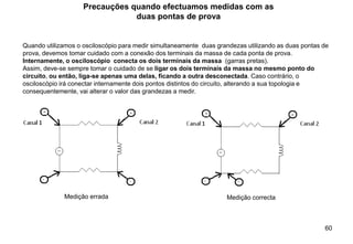 60
Precauções quando efectuamos medidas com as
duas pontas de prova
Quando utilizamos o osciloscópio para medir simultaneamente duas grandezas utilizando as duas pontas de
prova, devemos tomar cuidado com a conexão dos terminais da massa de cada ponta de prova.
Internamente, o osciloscópio conecta os dois terminais da massa (garras pretas).
Assim, deve-se sempre tomar o cuidado de se ligar os dois terminais da massa no mesmo ponto do
circuito, ou então, liga-se apenas uma delas, ficando a outra desconectada. Caso contrário, o
osciloscópio irá conectar internamente dois pontos distintos do circuito, alterando a sua topologia e
consequentemente, vai alterar o valor das grandezas a medir.
Medição errada Medição correcta
 