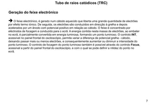 7
Tubo de raios catódicos (TRC)
.
Geração do feixe electrónico
➔ O feixe electrónico, é gerado num cátodo aquecido que liberta uma grande quantidade de electrões
por efeito termo iónico. De seguida, os electrões são conduzidos em direcção à grelha e depois
acelerados por um ânodo com potencial positivo em relação ao cátodo. O feixe é concentrado por
eléctrodos de focagem e conduzido para o ecrã. A energia contida nesta massa de electrões, ao embater
no ecrã, é parcialmente convertida em energia luminosa, formando um ponto luminoso. O controlo INT,
acessível no painel frontal do osciloscópio, permite variar a diferença de potencial grelha - cátodo,
deixando passar mais ou menos electrões, e consequentemente aumentar ou diminuir a intensidade do
ponto luminoso. O controlo de focagem do ponto luminoso também é possível através do controlo Focus,
acessível a partir do painel frontal do osciloscópio, e com o qual se pode definir a nitidez do ponto no
ecrã.
 