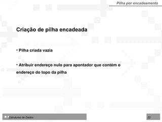Pilha por encadeamento Criação de pilha encadeada Pilha criada vazia Atribuir endereço nulo para apontador que contém o endereço do topo da pilha 
