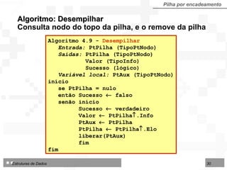 Pilha por encadeamento Algoritmo: Desempilhar Consulta nodo do topo da pilha, e o remove da pilha Algoritmo 4.9 -  Desempilhar  Entrada:  PtPilha (TipoPtNodo) Saídas:  PtPilha (TipoPtNodo) Valor (TipoInfo) Sucesso (lógico)  Variável local:  PtAux (TipoPtNodo) início se PtPilha = nulo então Sucesso    falso  senão início Sucesso    verdadeiro Valor    PtPilha  .Info PtAux    PtPilha PtPilha    PtPilha  .Elo liberar(PtAux) fim fim  