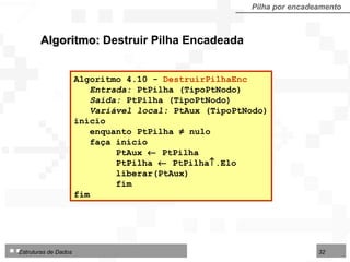 Pilha por encadeamento Algoritmo:  Destruir Pilha Encadeada Algoritmo 4.10 -  DestruirPilhaEnc  Entrada:  PtPilha (TipoPtNodo) Saída:  PtPilha (TipoPtNodo) Variável local:  PtAux (TipoPtNodo) início enquanto PtPilha ≠ nulo faça início PtAux    PtPilha PtPilha    PtPilha  .Elo liberar(PtAux) fim fim  