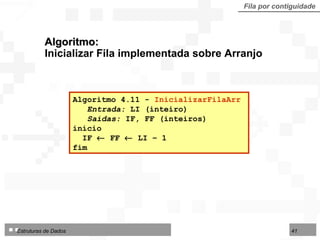 Algoritmo:  Inicializar Fila implementada sobre Arranjo Fila por contiguidade Algoritmo 4.11 -  InicializarFilaArr   Entrada:  LI (inteiro) Saídas:  IF, FF (inteiros) início IF    FF    LI – 1 fim  