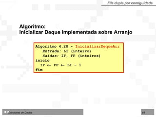 Algoritmo:  Inicializar Deque implementada sobre Arranjo Algoritmo 4.20 -  InicializarDequeArr   Entrada:  LI (inteiro) Saídas:  IF, FF (inteiros) início IF    FF    LI – 1 fim  Fila dupla por contiguidade 